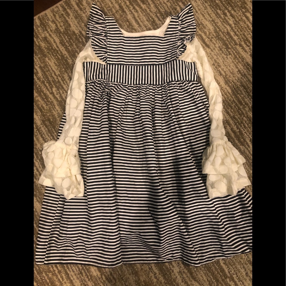 Black and cream dress + polka dot cream shirt